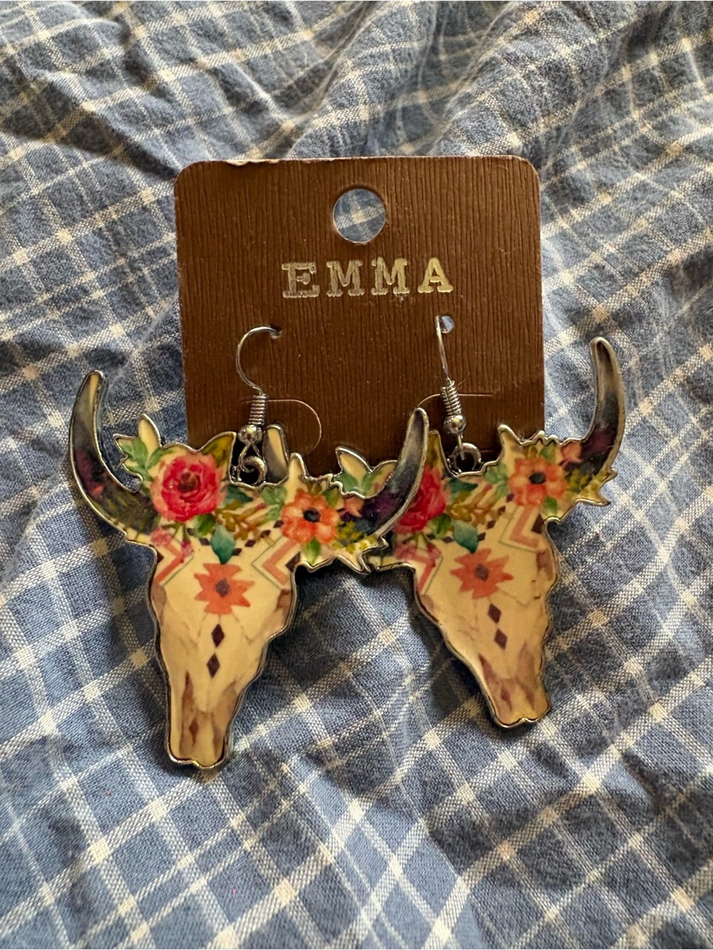 Floral Bull Skull Dangle Earrings - Multicolor